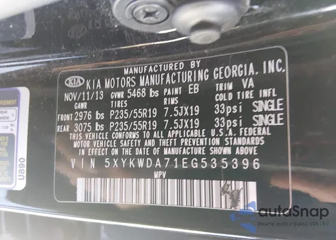 2014 Kia Sorento Limited V6 из США, поврежденный, VIN 5XYKWDA71EG535396